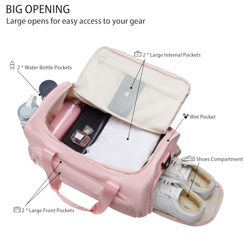 SOAEON Gym Bag for Women, Small Fitness Workout Sports Bag with Wet Pocket & Shoes Compartment, Water Resistant Overnight Weekender Duffle Bags in Pink - Image 3