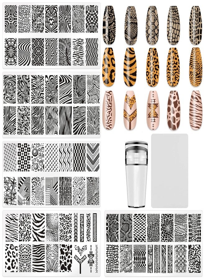 HYWWPFLAY 5Pcs Nail Stamping Plates Leopard Print Nail Stamps Nail Art Stamping Plates Nail Stencils Nail Plate Template Nail Art Stamping Kit Nails Accessories with 1 Nail Stamper, 1 Scraper - Image 1