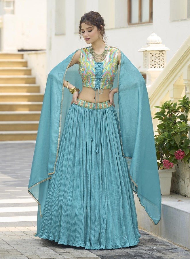 purvaja طقم ليهينغا تشولي حريري شبه مخيط من بورفاجا للنساء (إلينا-سكاي - مقاس حر) - Image 2