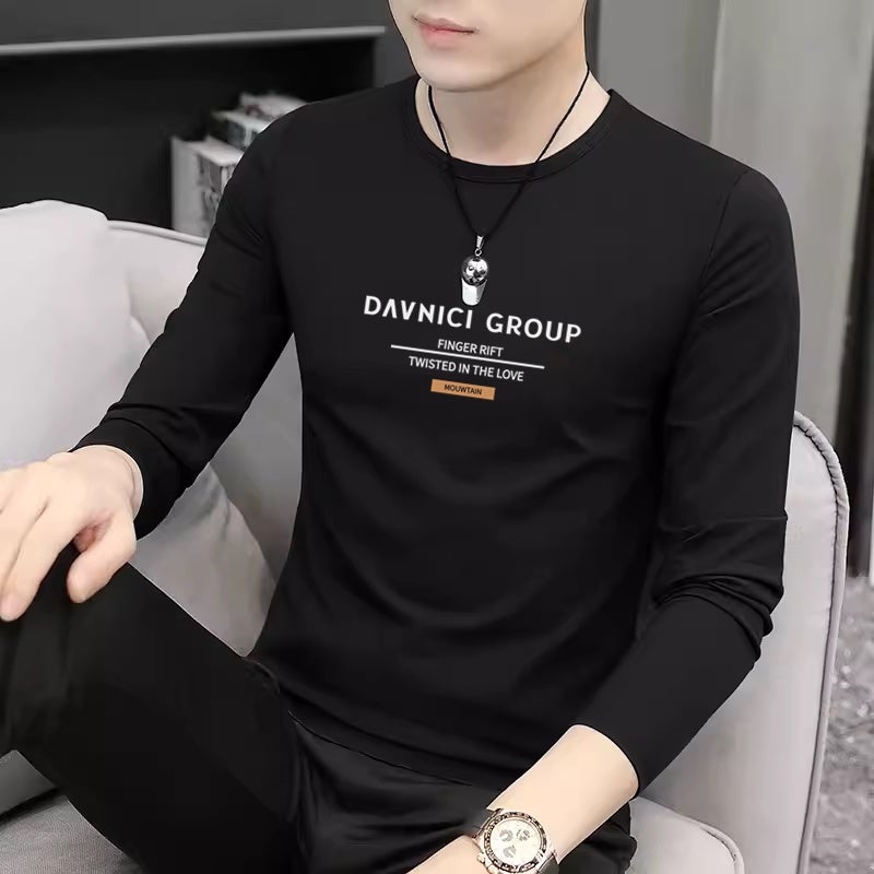 New pure cotton men's long-sleeved t-shirt trendy young and middle-aged round-neck T-shirt loose top and base shirt - Image 3
