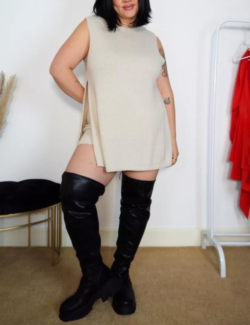 SeekMe Womens Summer Knit Sweater Set Sleeveless Tunic Top Matching Shorts 2 Piece Outfits Trendy Beach Vacation Set(1887-Beige-S-FY) - Image 5