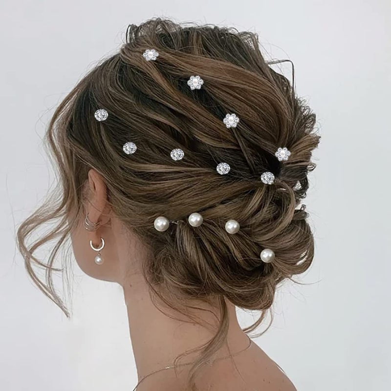 LAPOHI 60 PCS 3 Shapes Gems Rhinestone Twister Hair Studs Set Diamond Spiral Pearl Flower Jewels Hair Pins Sticks for Wedding, Bridal, Prom, Party and Special Occasion (Diamond&Pearl&Flower) - Image 3