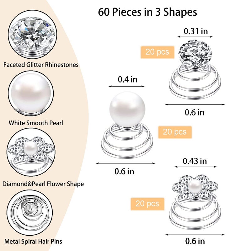 LAPOHI 60 PCS 3 Shapes Gems Rhinestone Twister Hair Studs Set Diamond Spiral Pearl Flower Jewels Hair Pins Sticks for Wedding, Bridal, Prom, Party and Special Occasion (Diamond&Pearl&Flower) - Image 2