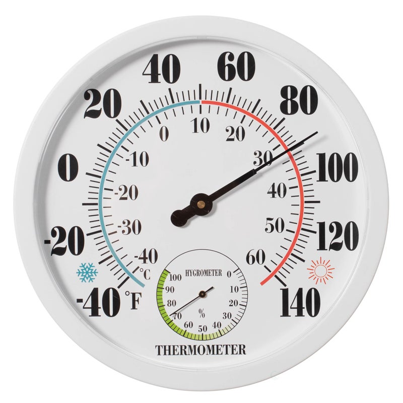 Clockswise 10" Outdoor Indoor Wall Thermometer and Hygrometer Combo Temperature & Humidity Gauge with Fahrenheit & Celsius Scale Decorative Weather Monitor for Home Garden Greenhouse or Office, White - Image 1