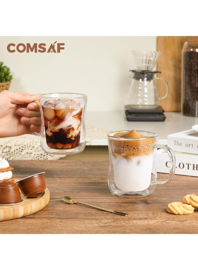 ComSaf 12oz Double Wall Glass Coffee Mugs Set of 2, Thermal Insulated Borosilicate Glass Cappuccino Cups with Handle for Tea, Coffee, Latte, Cappuccino, Hot and Cold Drinks Beverages - Image 2
