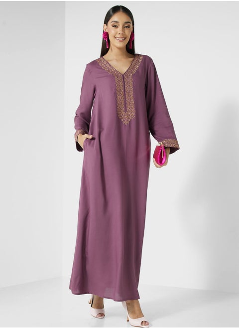 V-Neck Embroidered Jalabiya