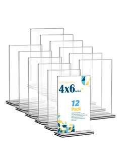 Acrylic Sign Holder A6, Clear Table Double Sided T Shape Plastic Desktop Display Vertical Menu Stand Business Store Holders for Wedding School Office Hotel Party(A6, 12 Pack)
