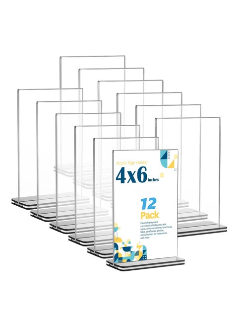Acrylic Sign Holder A6, Clear Table Double Sided T Shape Plastic Desktop Display Vertical Menu Stand Business Store Holders for Wedding School Office Hotel Party(A6, 12 Pack)