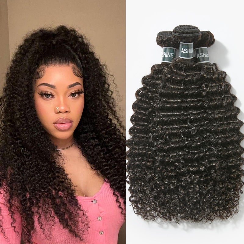 ASHINE Human Hair Bundles Deep Curly Water Wave, Unprocessed Cambodian Raw Hair 14 16 18 Inch, Flip Over Quick Weave Wet and Wave Bundles for Women Natural Black - Image 1