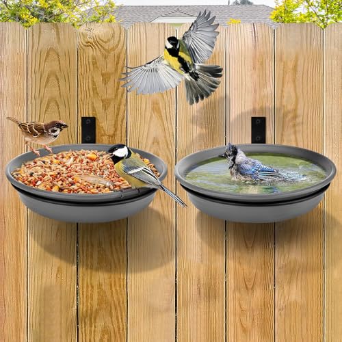 Alphatool Fence Bird Feeders Tray 2pcs Tree Mounted Wild Bird Bath for Outdoors Place Food Water Installed on Deck Wall Stakes with Heavy Duty Iron Ring 83 Dia Grey - Image 1