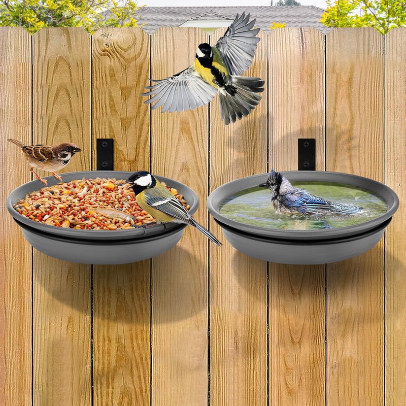 Alphatool Fence Bird Feeders Tray 2pcs Tree Mounted Wild Bird Bath for Outdoors Place Food Water Installed on Deck Wall Stakes with Heavy Duty Iron Ring 83 Dia Grey - Image 2