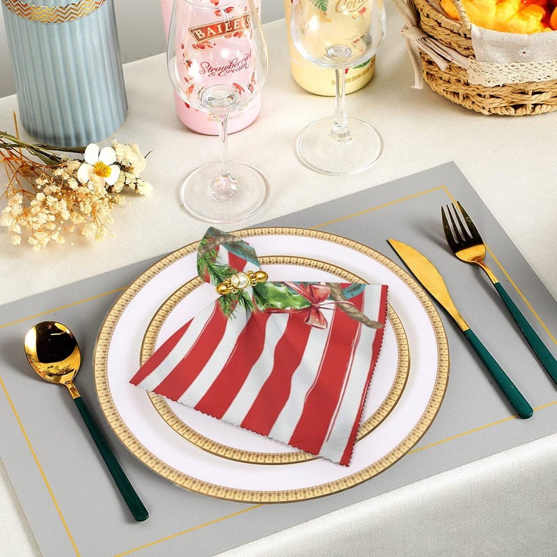 Fukeen Red Stripe Christmas Anchor Cloth Table Napkins Set of 6 20x20 Inch Green Fir Leaves Berry Poinsettia Flower Christmas Stocking Waterproof Square Dinner Napkin for Winter Kitchen Decorations - Image 3