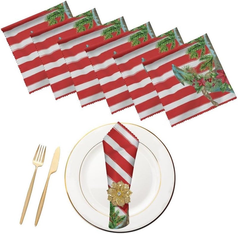 Fukeen Red Stripe Christmas Anchor Cloth Table Napkins Set of 6 20x20 Inch Green Fir Leaves Berry Poinsettia Flower Christmas Stocking Waterproof Square Dinner Napkin for Winter Kitchen Decorations - Image 2
