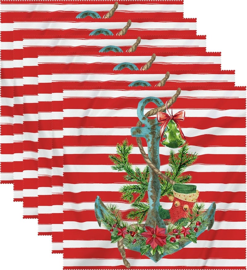 Fukeen Red Stripe Christmas Anchor Cloth Table Napkins Set of 6 20x20 Inch Green Fir Leaves Berry Poinsettia Flower Christmas Stocking Waterproof Square Dinner Napkin for Winter Kitchen Decorations - Image 1