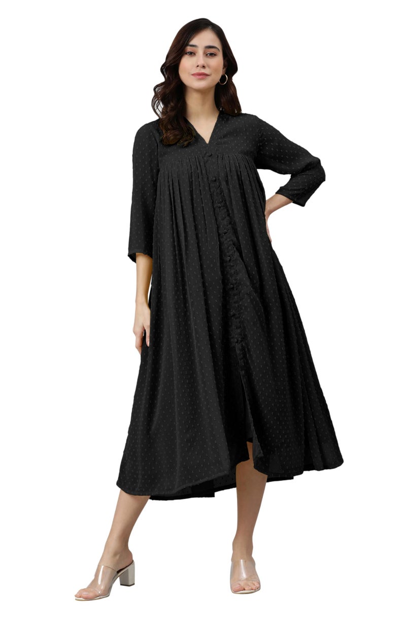 Janasya Women's Black Dobby Chiffon Woven Design Front Slit Flared Dress (JNE4158-KR-L) - Image 1