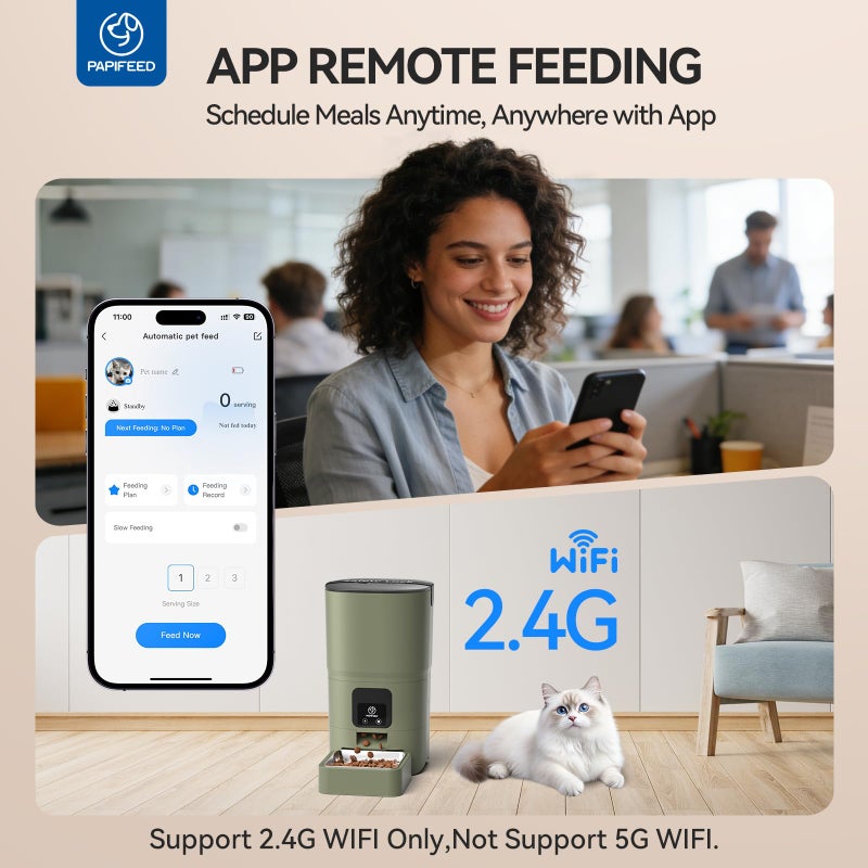 PAPIFEED Automatic Cat Feeder Upgrade, WiFi Pet Feeder with APP Control for Remote Feeding, Detachable for Easy Clean, Dual Power Supply,1-10 Meals Per Day for Multiple Pets (Greener) - Image 2