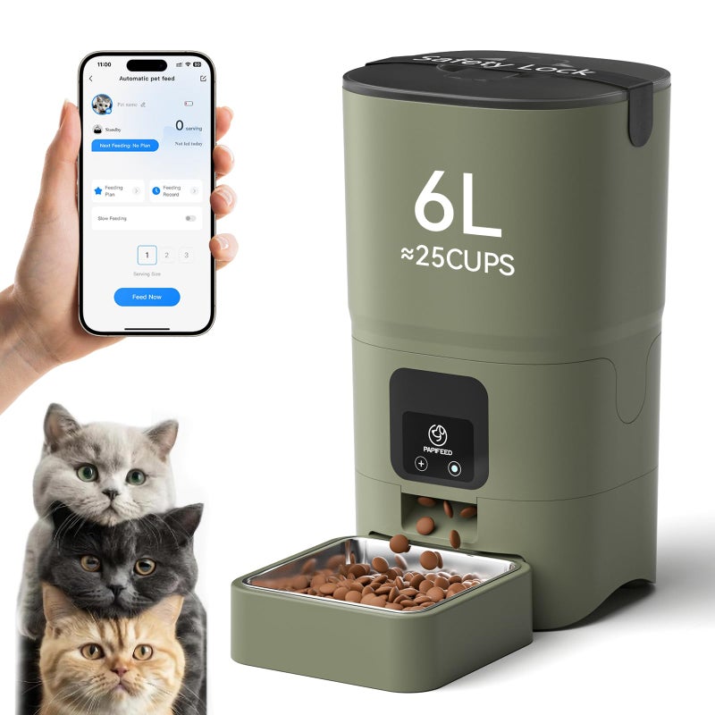 PAPIFEED Automatic Cat Feeder Upgrade, WiFi Pet Feeder with APP Control for Remote Feeding, Detachable for Easy Clean, Dual Power Supply,1-10 Meals Per Day for Multiple Pets (Greener) - Image 1