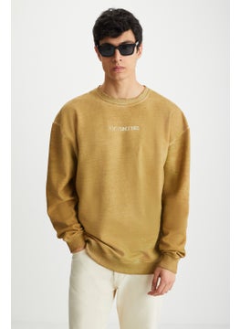 GRIMELANGE Blandon Men's Crew Neck Polar Fleece Print Detail Washable Beige Sweatshirt  - Image 1