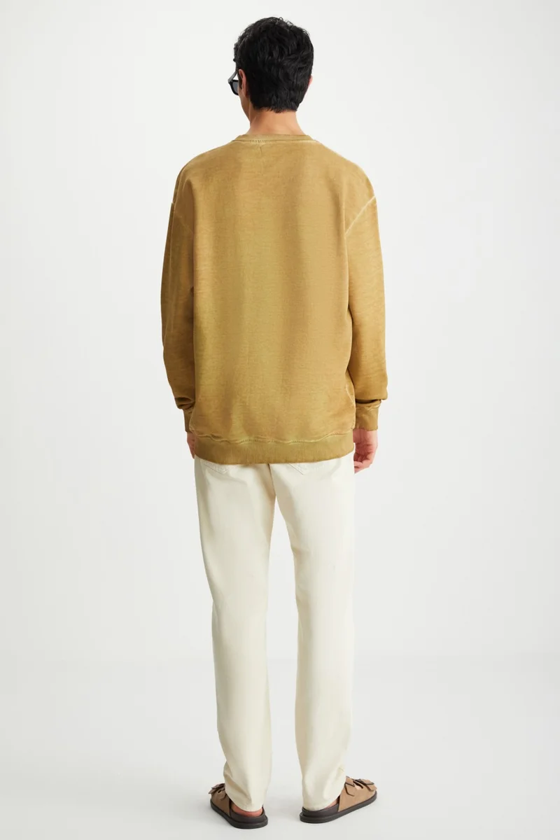 GRIMELANGE Blandon Men's Crew Neck Polar Fleece Print Detail Washable Beige Sweatshirt