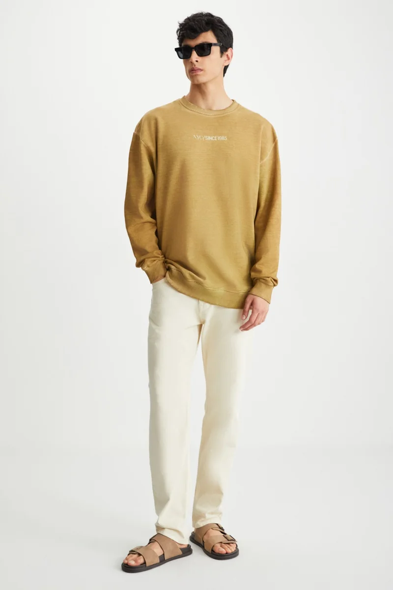 GRIMELANGE Blandon Men's Crew Neck Polar Fleece Print Detail Washable Beige Sweatshirt
