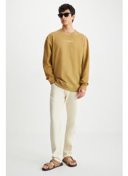 GRIMELANGE Blandon Men's Crew Neck Polar Fleece Print Detail Washable Beige Sweatshirt  - Image 3