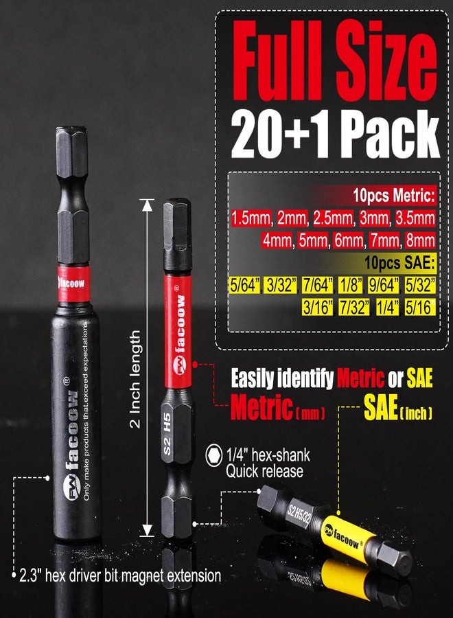 Facoow Hex Bit Set, S2 Alloy Steel Allen Wrench Drill Bit Set with Magnetic Tips, 1/4 Hex-shank 2" Impact Allen Key Bits Set with 2.3" Hex Extension, Precision CNC Machining, 20+1 Pack(Metric&SAE) - Image 2