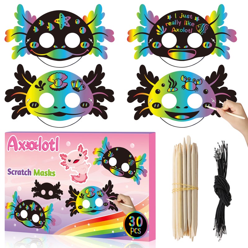 B1ykin 30Pcs Axolotl Scratch Mask Gift Set DIY Magic Scratch Axolotl Masks Paper Art Craft Kit for Kids Color Paper Party Favors for Girls Boys Birthday School Classroom Art Activity Project - Image 3