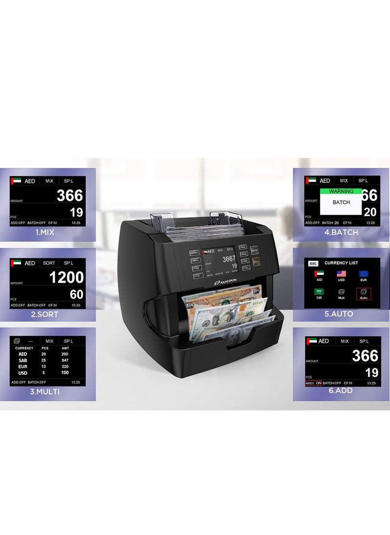 NUCOUN - NUCOUN VC-3 Money Counter Machine Mixed Denomination, Value Count, CIS/UV/IR/MG/MT Counterfeit Detection, AED/EUR/USD/SAR, Bill Cash Counter for Business - Image 1