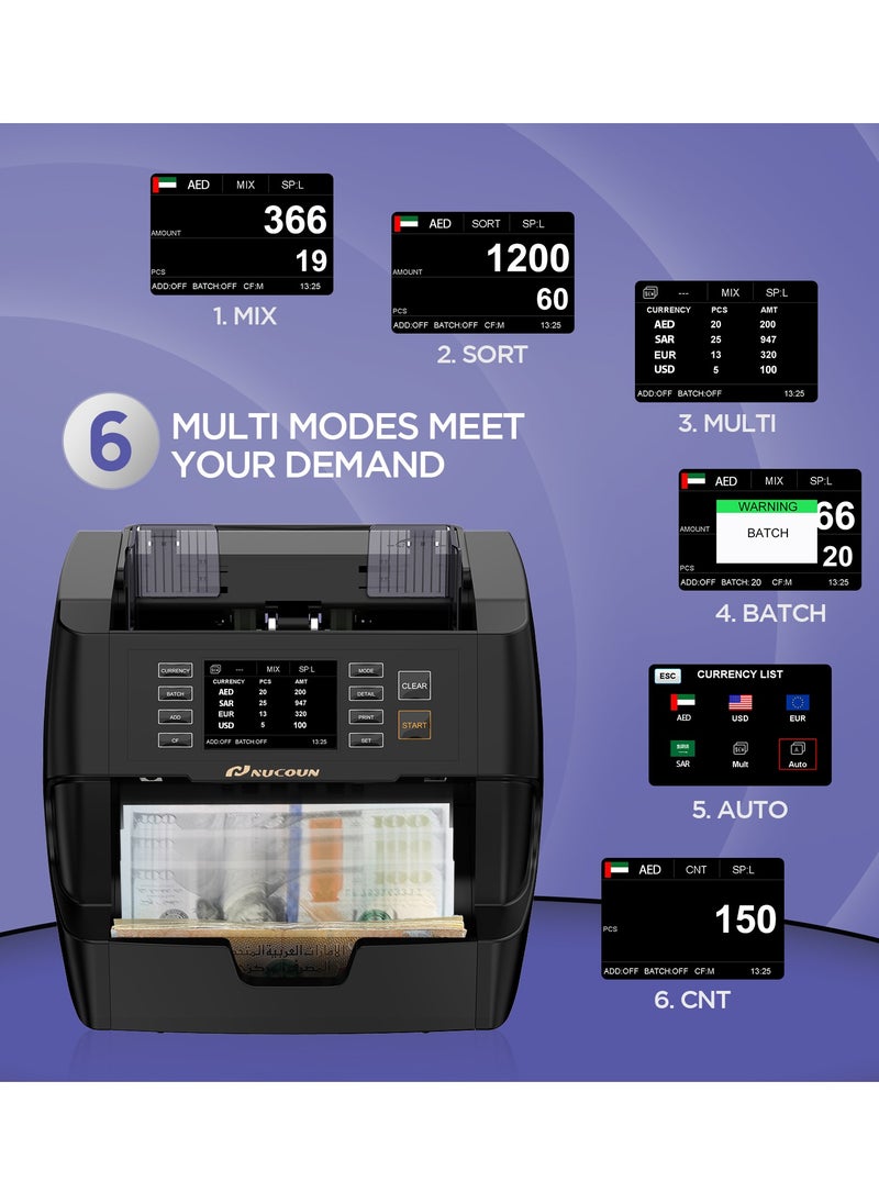 NUCOUN - NUCOUN VC-3 Money Counter Machine Mixed Denomination, Value Count, CIS/UV/IR/MG/MT Counterfeit Detection, AED/EUR/USD/SAR, Bill Cash Counter for Business - Image 1