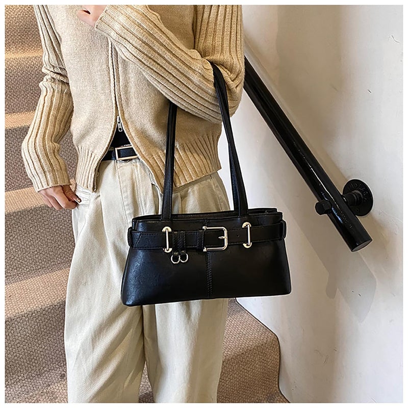 JYG Shoulder Bag for Women Vintage Y2K Hobo Purse with Belt Buckle Small PU Leather Underarm Satchel Handbag Black - Image 3