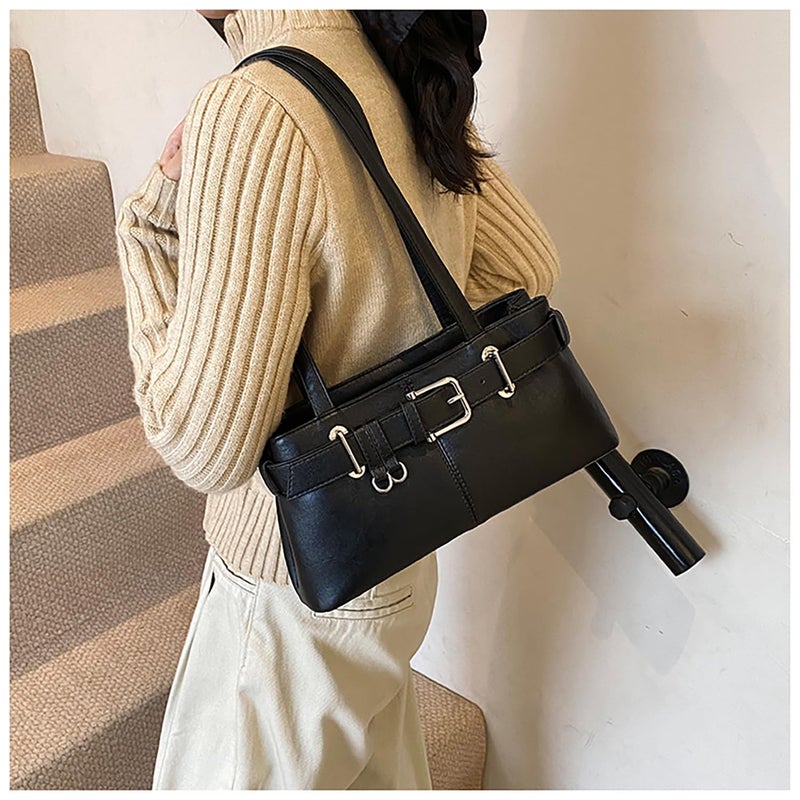 JYG Shoulder Bag for Women Vintage Y2K Hobo Purse with Belt Buckle Small PU Leather Underarm Satchel Handbag Black - Image 2