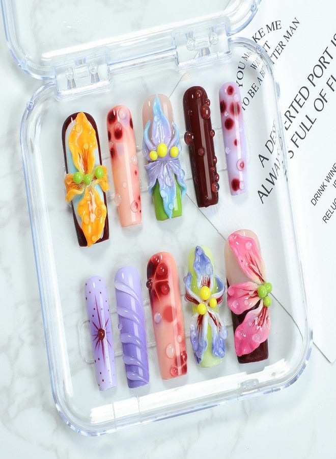 OCOUYVD Flower Press on Nails Handmade Long Coffin Muti-Layer Gel Fake Nails Gradient Floral 3D Waterdrop Pattern Design Spring Summer Multicolor Thick False Nails French Tip Acrylic Nails for Women (Size M) - Image 1