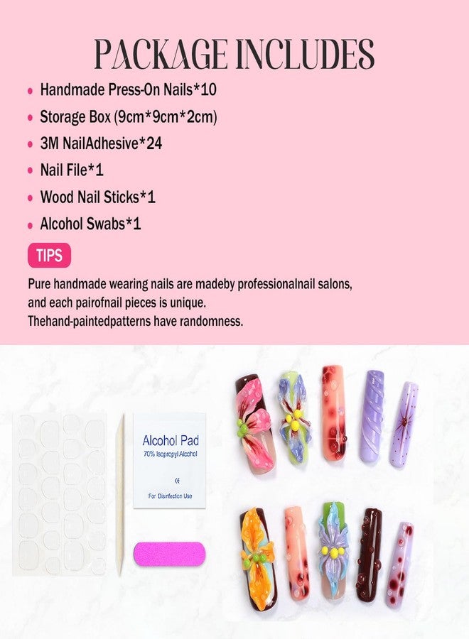OCOUYVD Flower Press on Nails Handmade Long Coffin Muti-Layer Gel Fake Nails Gradient Floral 3D Waterdrop Pattern Design Spring Summer Multicolor Thick False Nails French Tip Acrylic Nails for Women (Size M) - Image 4