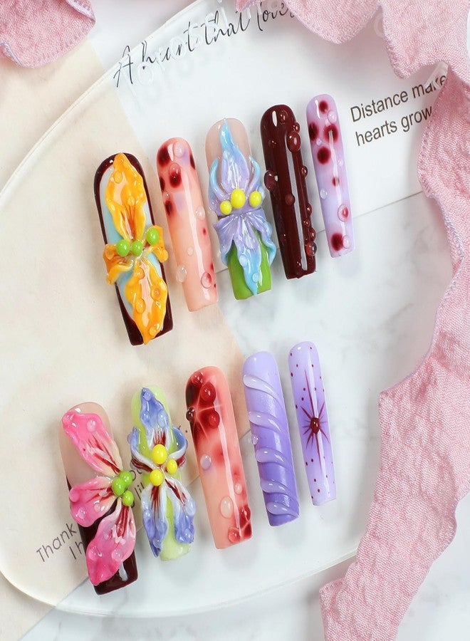 OCOUYVD Flower Press on Nails Handmade Long Coffin Muti-Layer Gel Fake Nails Gradient Floral 3D Waterdrop Pattern Design Spring Summer Multicolor Thick False Nails French Tip Acrylic Nails for Women (Size M) - Image 3