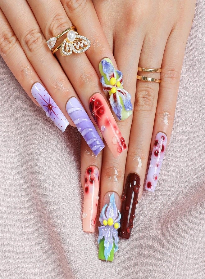 OCOUYVD Flower Press on Nails Handmade Long Coffin Muti-Layer Gel Fake Nails Gradient Floral 3D Waterdrop Pattern Design Spring Summer Multicolor Thick False Nails French Tip Acrylic Nails for Women (Size M) - Image 2