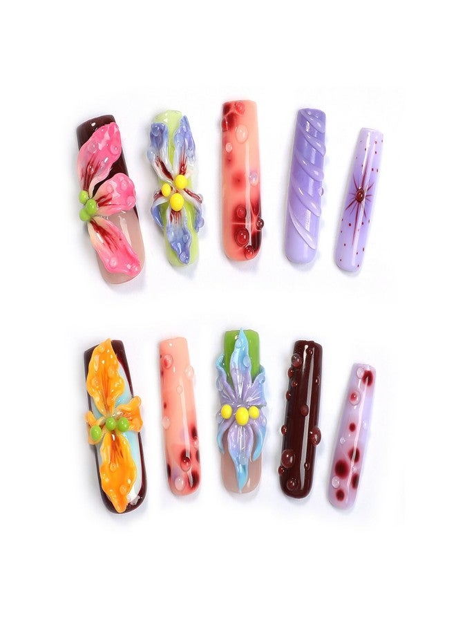 OCOUYVD Flower Press on Nails Handmade Long Coffin Muti-Layer Gel Fake Nails Gradient Floral 3D Waterdrop Pattern Design Spring Summer Multicolor Thick False Nails French Tip Acrylic Nails for Women (Size M) - Image 5