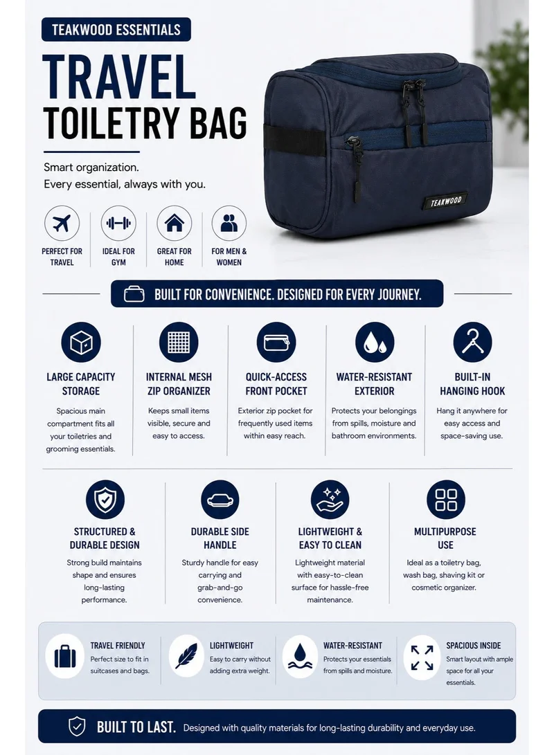 Teakwood Teakwood Essentials Navy Travel Toiletry Bag | Large Capacity Wash Bag for Men & Women | Water-Resistant | Multi-Compartment | Hanging Hook | Durable Easy-to-Clean Grooming Organizer | Ideal for Travel, Gym & Bathroom Use
