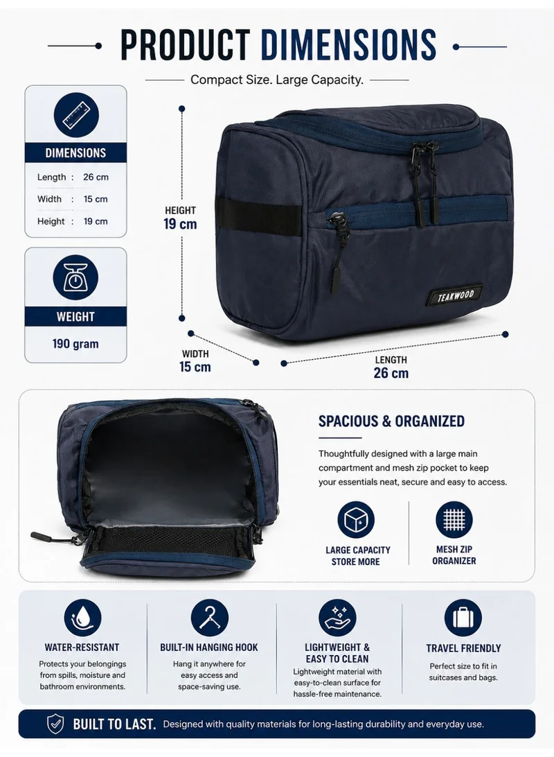 Teakwood Blue Teakwood Essentials Navy Travel Toiletry Bag | Large Capacity Wash Bag for Men & Women | Water-Resistant | Multi-Compartment | Hanging Hook | Durable Easy-to-Clean Grooming Organizer | Ideal for Travel, Gym & Bathroom Use  | Best Price UAE