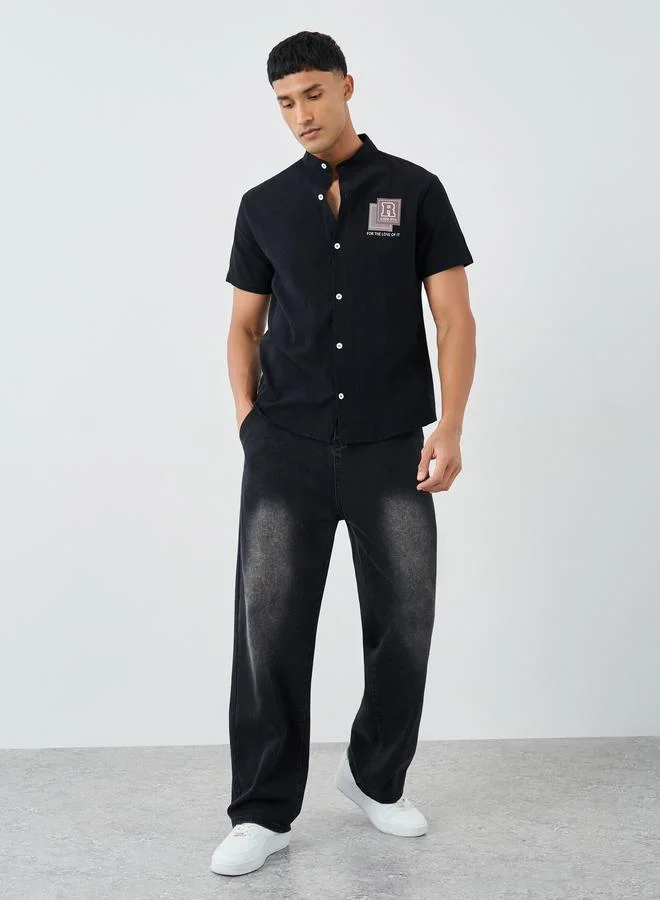 Take Two Take Two Graphic Print Mandarin Collar Short Sleeve Shirt