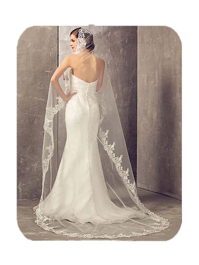 Unsutuo Cathedral Wedding Veil 1 Tier Lace Applique Bridal Veil Long Tulle Veils with Comb for Women and Bride (White) - Image 1