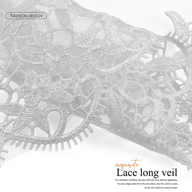 Unsutuo Cathedral Wedding Veil 1 Tier Lace Applique Bridal Veil Long Tulle Veils with Comb for Women and Bride (White) - Image 4