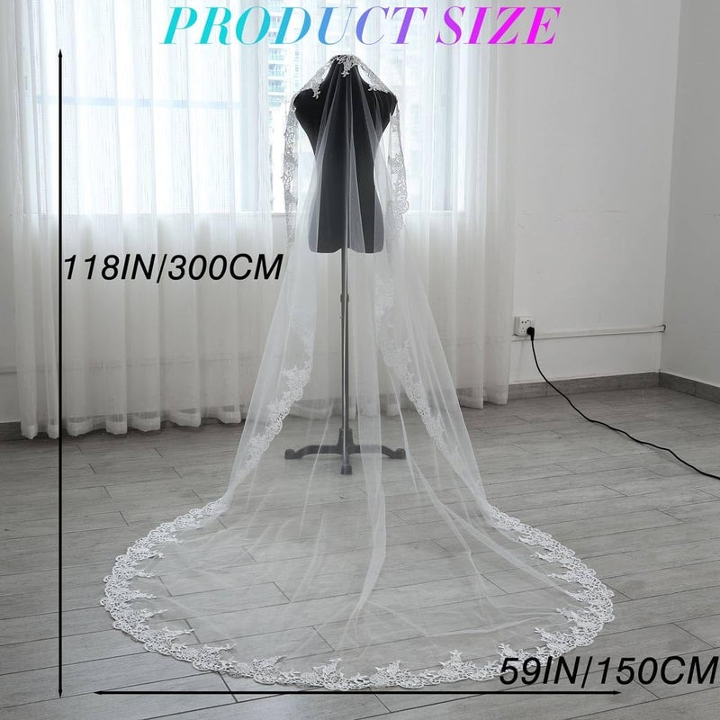 Unsutuo Cathedral Wedding Veil 1 Tier Lace Applique Bridal Veil Long Tulle Veils with Comb for Women and Bride (White) - Image 5
