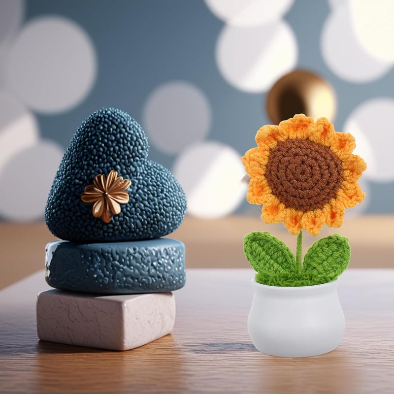 KICHOUSE Crochet Sunflower Potted Plant Artificial Flower Deep Yellow Knitted Desk Ornament Home Office Décor Gift for Women - Image 4