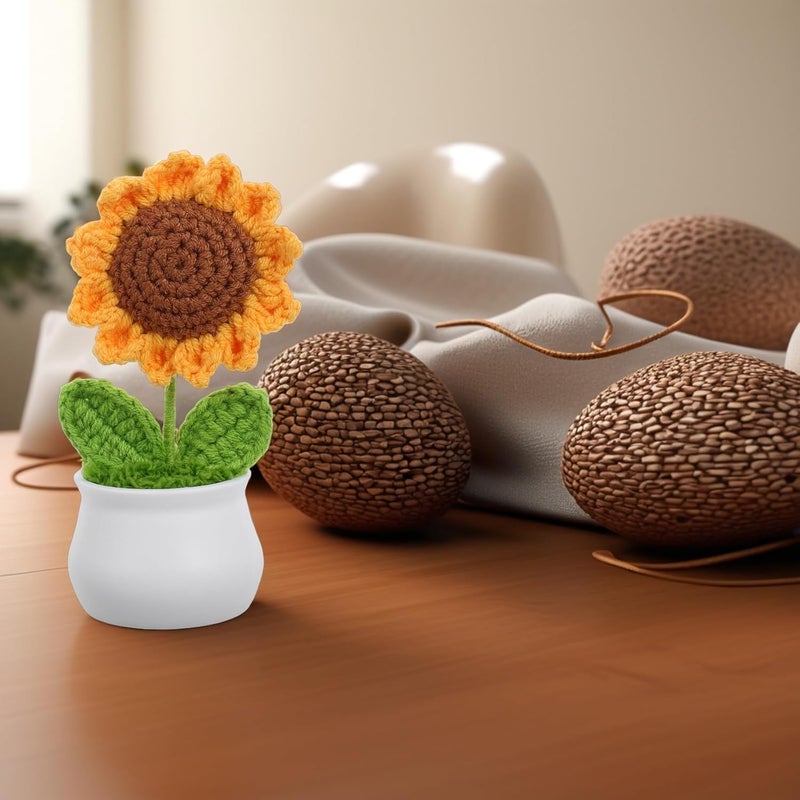 KICHOUSE Crochet Sunflower Potted Plant Artificial Flower Deep Yellow Knitted Desk Ornament Home Office Décor Gift for Women - Image 3