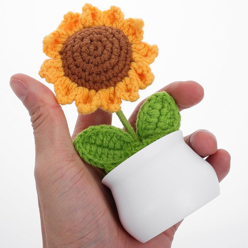 KICHOUSE Crochet Sunflower Potted Plant Artificial Flower Deep Yellow Knitted Desk Ornament Home Office Décor Gift for Women - Image 2