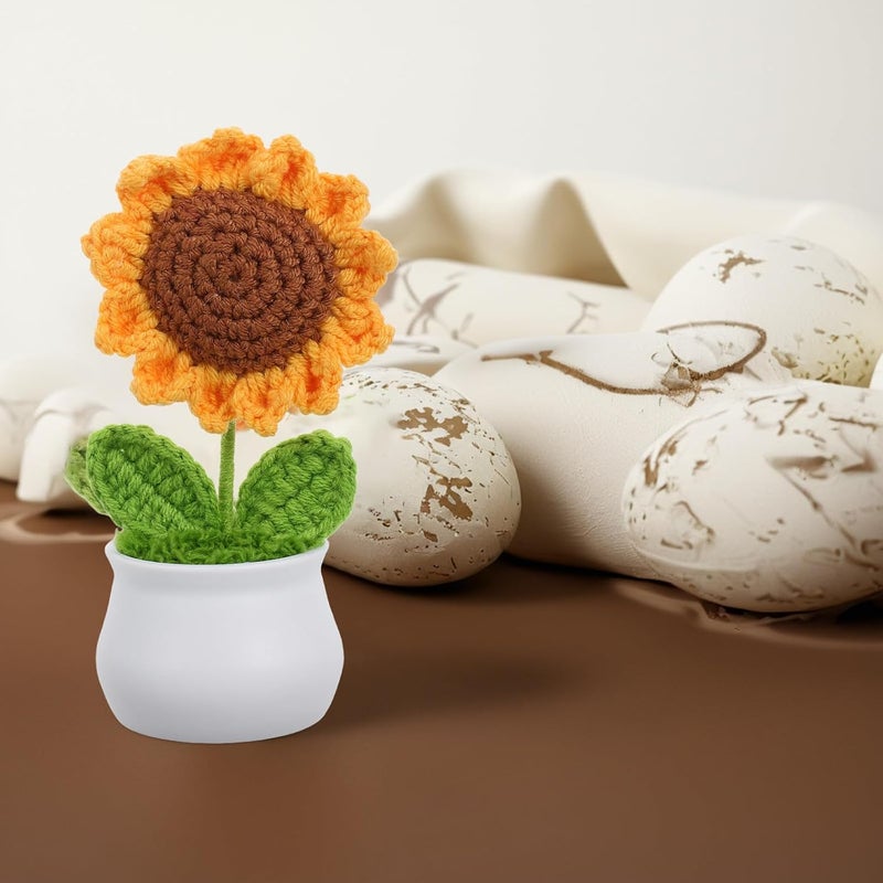 KICHOUSE Crochet Sunflower Potted Plant Artificial Flower Deep Yellow Knitted Desk Ornament Home Office Décor Gift for Women - Image 5
