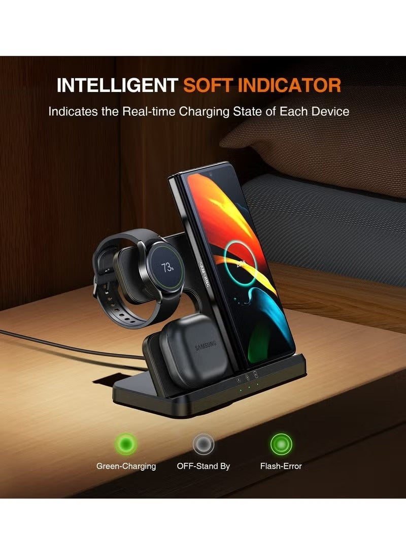 Wireless Charging Station for Samsung 3 in 1 Wireless Charger for Galaxy Watch 4/3/Active 2/1 Compatible with Samsung S22 Ultra S21 S20 Note20 Z Flip 4/3 Z Fold Galaxy Buds, Black - Image 3