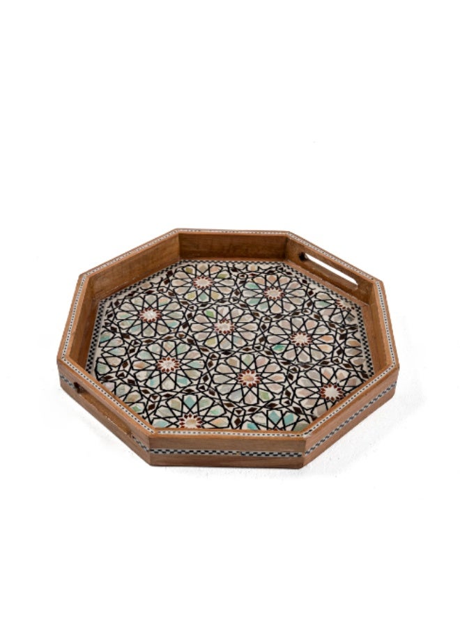 Handmade Piece Beech Wood Octagonal Serving Tray Set Inlaid with Natural Shell & Mother of Pearl, Brown & Multicolor - Sizes 27, 30 & 35 cm - Image 5