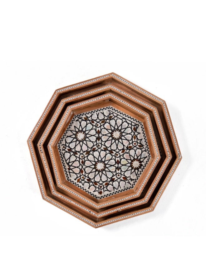 Handmade Piece Beech Wood Octagonal Serving Tray Set Inlaid with Natural Shell & Mother of Pearl, Brown & Multicolor - Sizes 27, 30 & 35 cm - Image 1