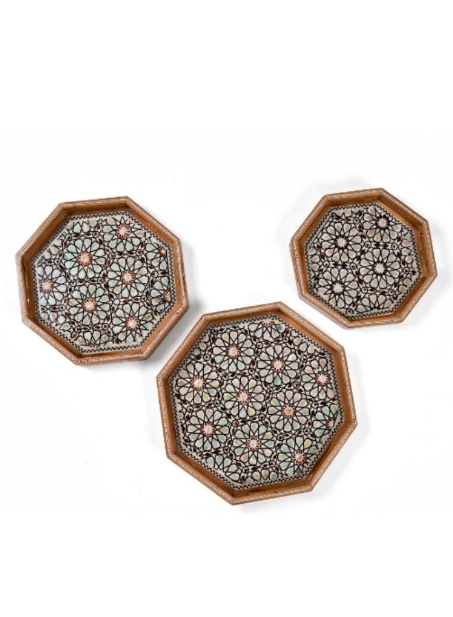 Handmade Piece Beech Wood Octagonal Serving Tray Set Inlaid with Natural Shell & Mother of Pearl, Brown & Multicolor - Sizes 27, 30 & 35 cm - Image 2